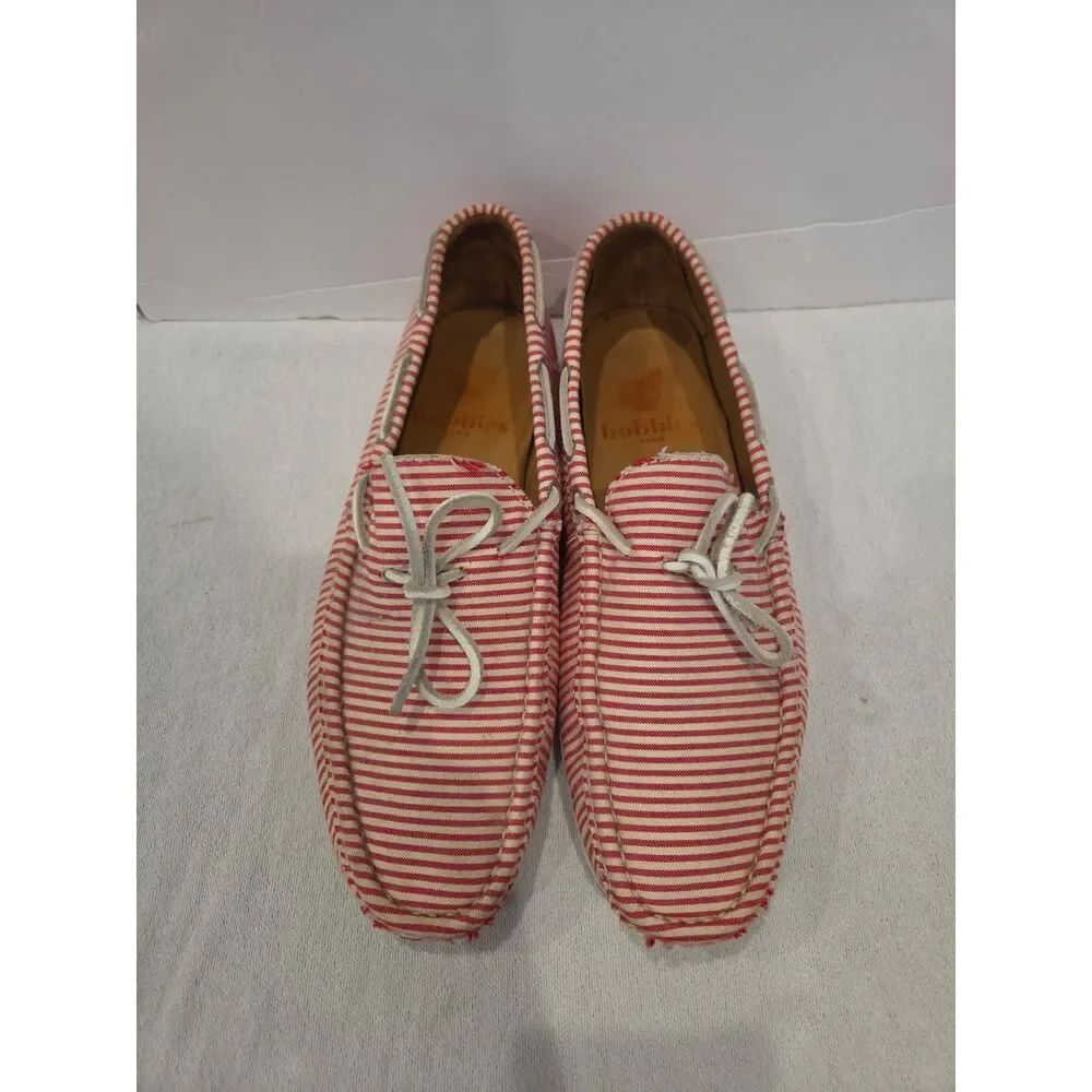 Bobbies Paris Men Striped Driving Loafers Canvas Boat Shoes Red White Tie Moc 10
